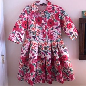 Sun 3/4 length sleeve pleated floral dress flare
